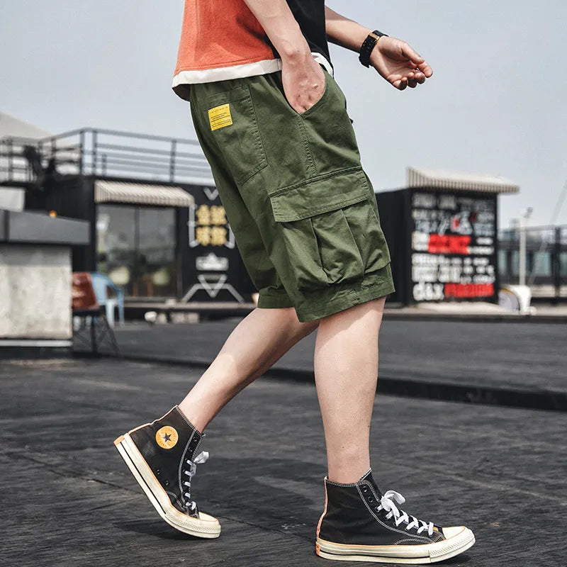 Summer Casual Cargo Shorts Men Cotton Solid Ribbons Pockets Streetwear Mens Shorts Knee Length Homme Cargo Shorts