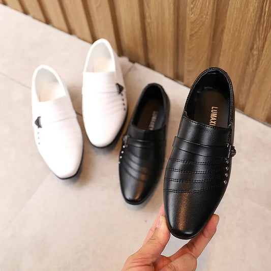 туфли Boy's Leather Shoes Spring Autumn Pointed Toe Formal Dress Shoes British Style Black White Kids Shoes Party Wedding Flats