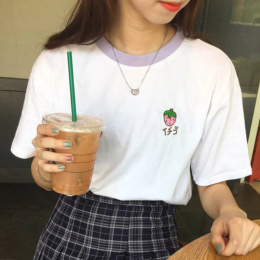 2023 Cotton Fresh Sweet Simple Regular Summer Fruit Embroidered College Wind Patchwork Loose Cotton Short Sleeve Female T-shirts