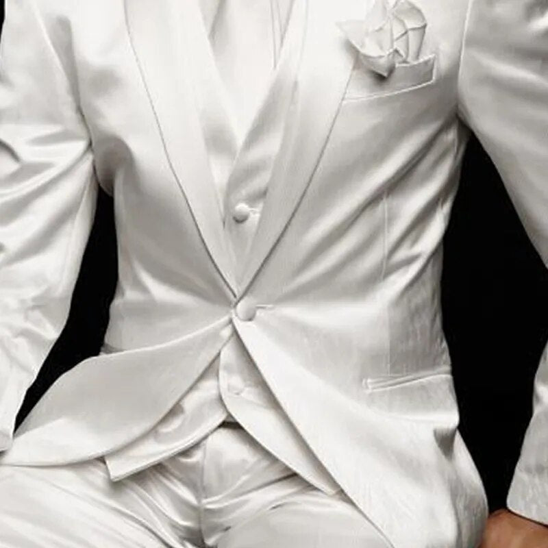White Slim Fit Mens Suit for Wedding Groom Tuxedos 3 Piece Custom Satin Male Fashion Set Jacket with Pants Vest Latest Style