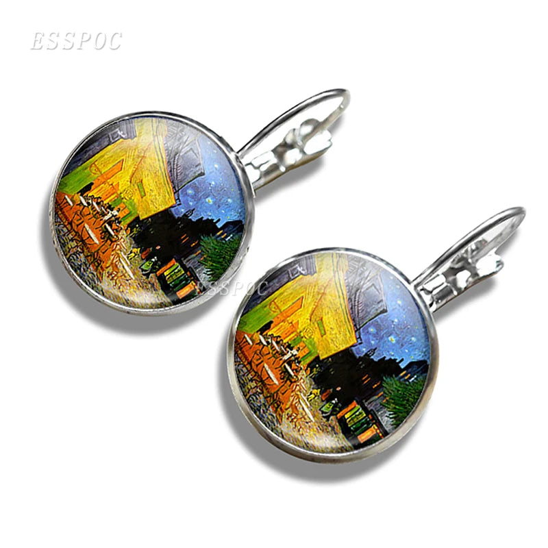Fashion Silver Color Simple Style Earings Van Gogh Famous Artist Starry Night Stud Earrings Glass Cabochon Jewelry Women Gifts