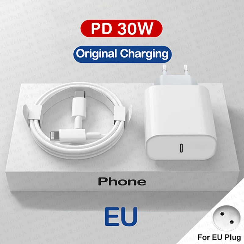 For APPLE Original PD 30W Type C Charger For iPhone 14 13 12 11 Pro Max Mini X XS XR 7 8 Plus iPad Fast Charging Lightning Cable