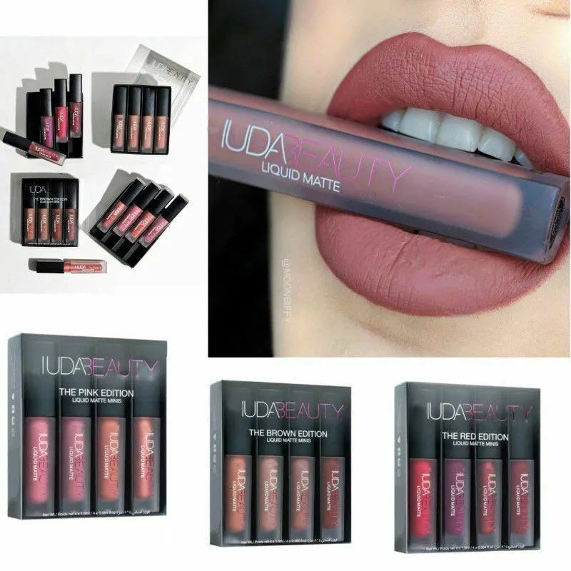 Huda Beauty 3g 4pcs Matte Lip Gloss Kit Waterproof Lip Glaze Tint Non-stick Non-Fading Lipstick Lip Makeup Cosmetic Lip Care
