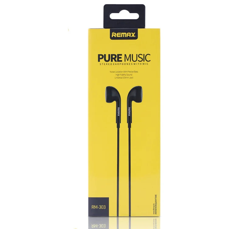 Remax Portable Earphone 3.5mm Jack In-Ear Bass Wire Headset Pure Music Stereo With Mic For Mobile Phones PC/Pad RM-303