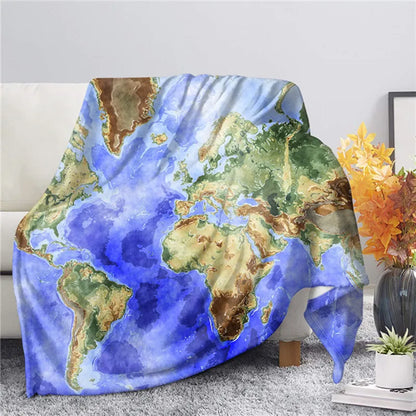 3D World Map Theme Flannel Throw Blankets for Sofa Winter Warm Bedroom Decor Blanket on The Bed Soft Kids Adults Travel Gifts