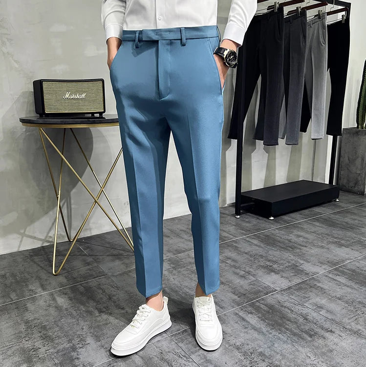 2022 Summer Fashion Mens Dark Green Suit Pants Pure Color Business Occupation Slim Fit Dress Office Ankle Trousers