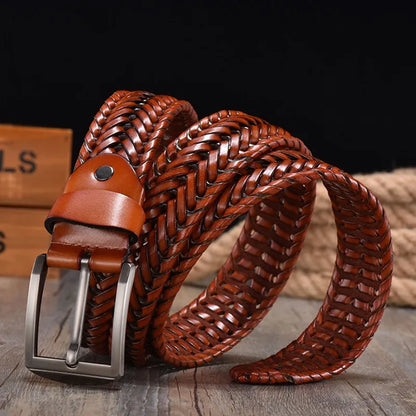 2022 New Design Hand Woven Belt Men Retro Pure Leather 4cm Wide Casual Needle Buckle Clothing Fashion Brown Accessories Denim