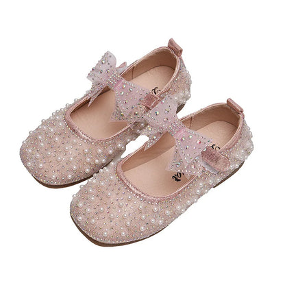 2023 New Girl's Princess Shoes Children's Fashion Bow Rhinestone Sequin Kids Shoe Baby Girls Party Student Flat Leather Shoes