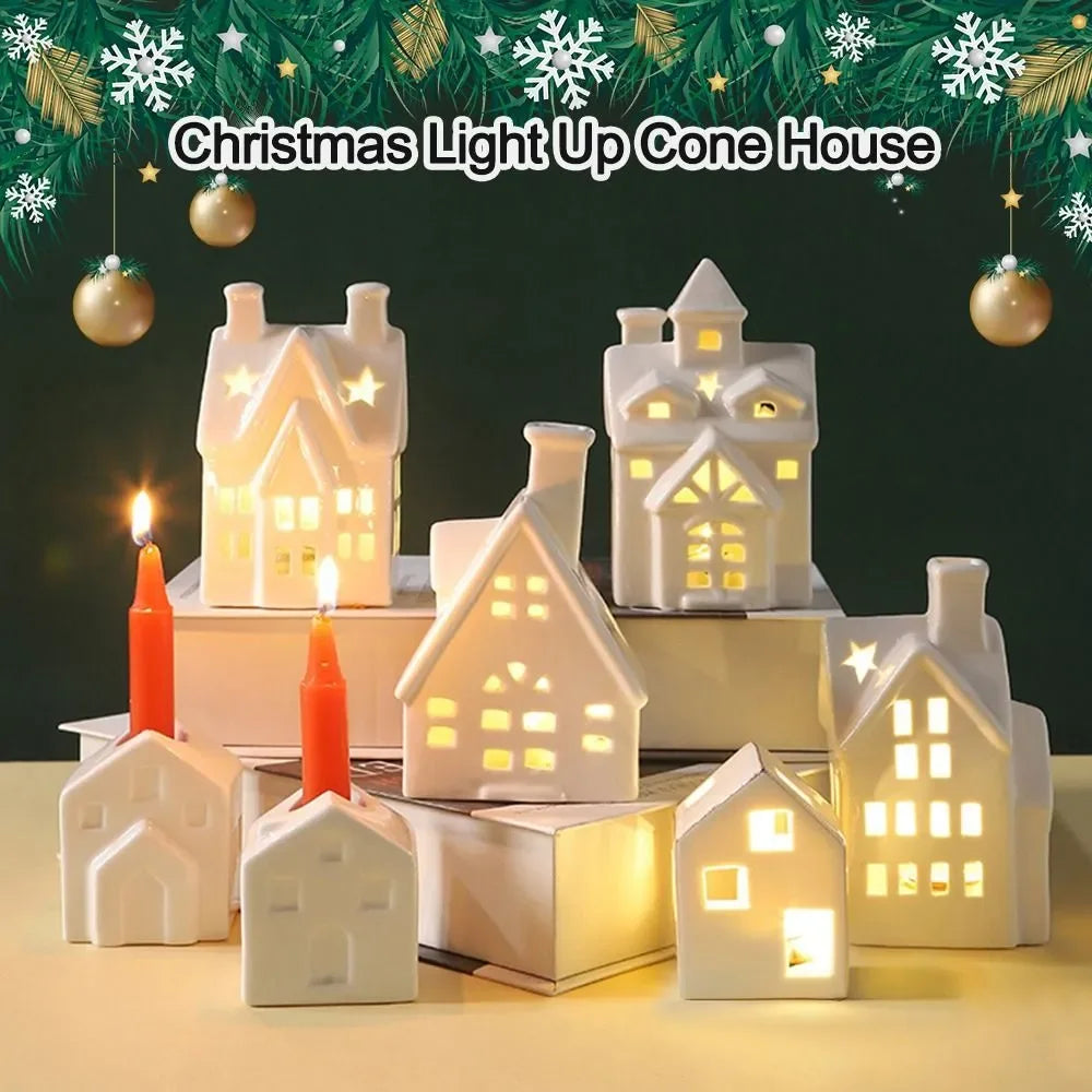 White Xmas Ornaments LED Lights Festival Decorations Ceramic Home Decor Cone House Christmas Light