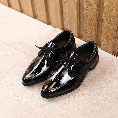 Children Patent Leather Shoes Fashion Pointed Toe Lace Up Boy Shoes Black Casual Dress Flats Comfortable Soft Sole Kids Shoes