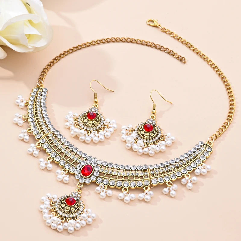 Indian Ethnic Bronze Plate Vintage Jewelry Set For Women Wedding Simulate Pearl Tassel Drop Earrings Red Crystal Choker Necklace