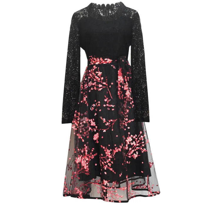 Bodycon Women Dresses Vintage Lady Dress High Street Waist Plus Size 5XL Print Organza Full Length Black Women Lace Dress 11602