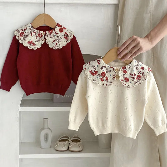 Autumn Newborn Sweaters Kids Knit Wear Kids Knitting Pullovers Tops Large Floral Collar Baby Girl Sweaters Kids Sweaters Cotton