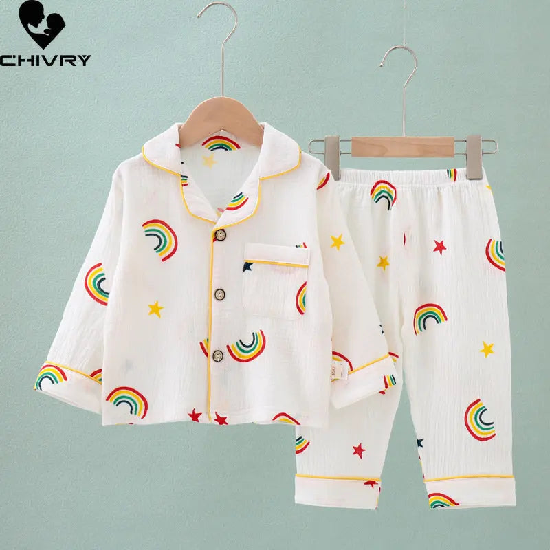 Kids Summer Thin Pajamas Sets New 2023 Boys Girls Cotton Linen Cartoon Long Sleeve Lapel Shirt Tops with Pants Baby Home Wear