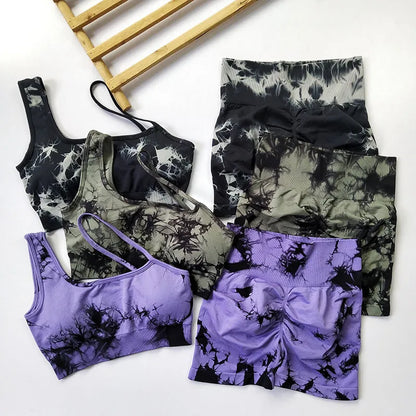 Tie Dye Yoga Set Seamless Padded Yoga Bra High Waist Stretch Gym Shorts Workout Suits Summer Sports Wear Femme Two Pieces Set