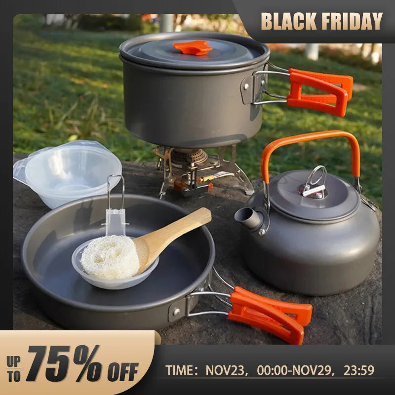 Camping Cookware Set Aluminum Portable Outdoor Tableware Cookset Cooking Kit Pan Bowl Kettle Pot Hiking BBQ Picnic Equipment