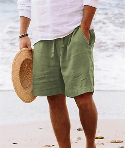 2023 Summer Cotton Linen Shorts Mens Beach Shorts Solid Color Daily Casual Drawstring Short Pant Breathable Loose Shorts For Men