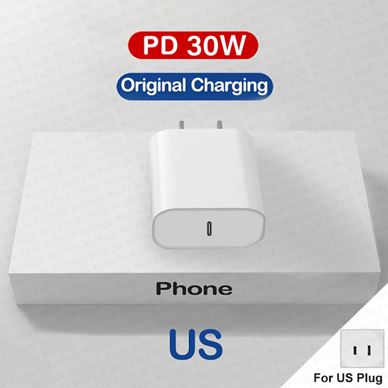 For APPLE Original PD 30W Type C Charger For iPhone 14 13 12 11 Pro Max Mini X XS XR 7 8 Plus iPad Fast Charging Lightning Cable