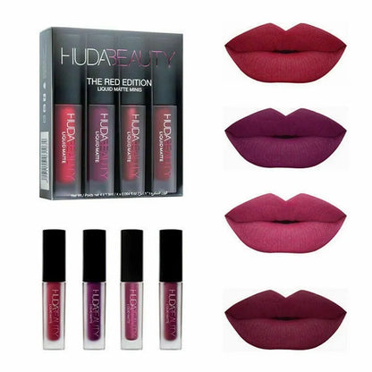 Huda Beauty 3g 4pcs Matte Lip Gloss Kit Waterproof Lip Glaze Tint Non-stick Non-Fading Lipstick Lip Makeup Cosmetic Lip Care
