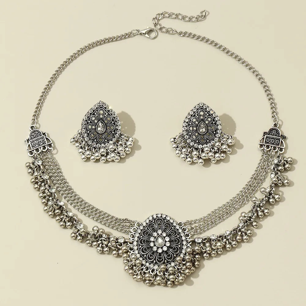 Indian Jhumka Earrings Necklaces Jewelry Sets for Women Bohemian Oxidized Silver Color Water Drop Bells Tassel Jewelry Sets
