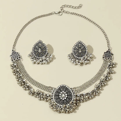 Indian Jhumka Earrings Necklaces Jewelry Sets for Women Bohemian Oxidized Silver Color Water Drop Bells Tassel Jewelry Sets