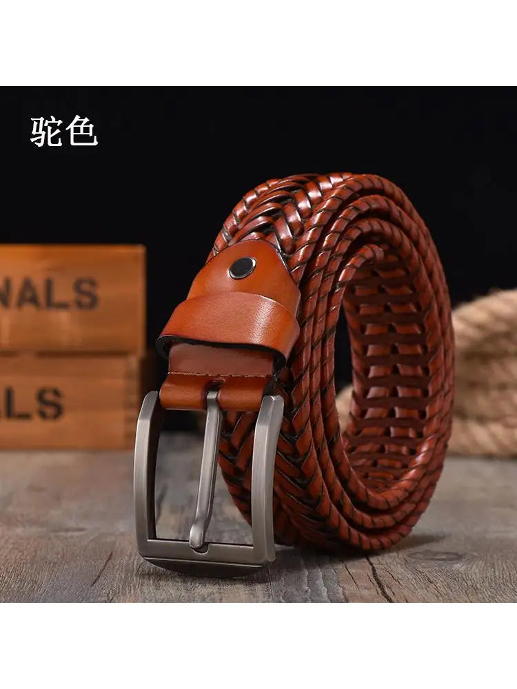 2022 New Design Hand Woven Belt Men Retro Pure Leather 4cm Wide Casual Needle Buckle Clothing Fashion Brown Accessories Denim