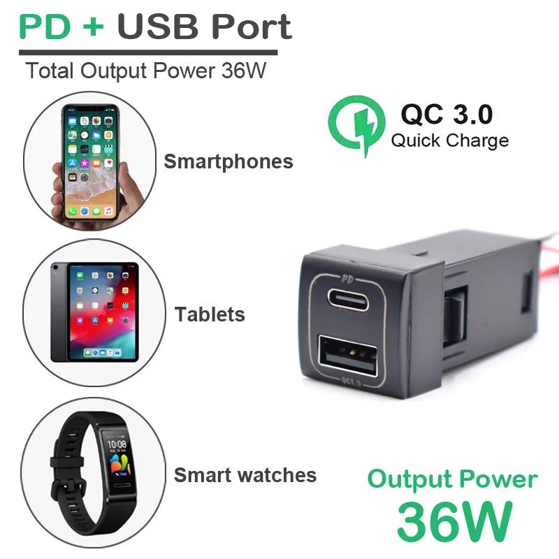 PD3.0 ( Type-C ) & USB QC3.0 Mobile Phone Quick Car Charger for Toyota Camry Corolla Rav4 Prado 2019 2020 2021