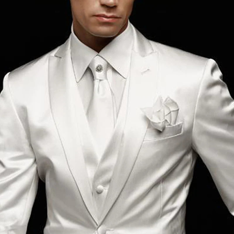 White Slim Fit Mens Suit for Wedding Groom Tuxedos 3 Piece Custom Satin Male Fashion Set Jacket with Pants Vest Latest Style