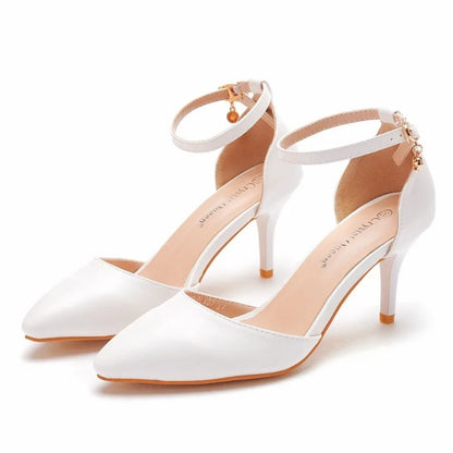 Summer Women Sandals Fashion Sandles Rhinestone Buckle Strap PU 9CM Thin Heels Dress Sandals Elegant Women Shoes White