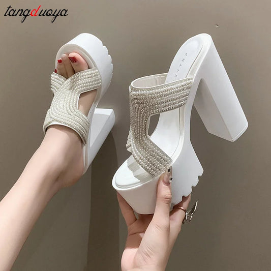 pearl white Chunky Platform Slippers Women Summer 2023 Slip-On Wedge Slide Sandals Woman Fashion Thick High Heel Sandles Ladies