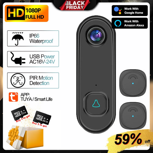 TUYA Video Doorbell Outdoor WIFI 1080P HD AC Power Phone Door Bell Cam Security Video Intercom IR Night Vision Smart Home Alexa