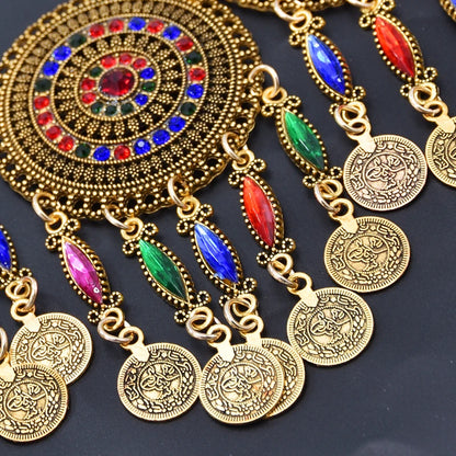 3PC Indian Afghan Jewerly Sets for Women Boho Ethnic Hairbands Necklace Earrings Coins Tassels Vintage Colorful Crystal Drop