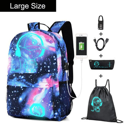 Anime Luminous Oxford School Backpack Daypack Shoulder Under 15.6 inch with USB Charging Port and Lock School Bag for Boys Girls