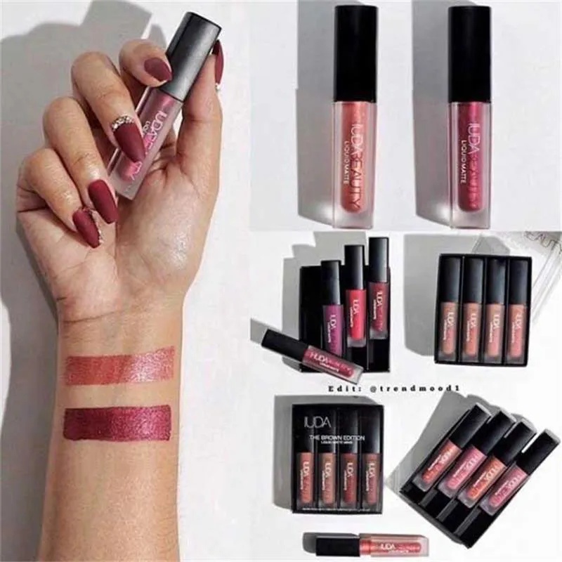 Huda Beauty 3g 4pcs Matte Lip Gloss Kit Waterproof Lip Glaze Tint Non-stick Non-Fading Lipstick Lip Makeup Cosmetic Lip Care