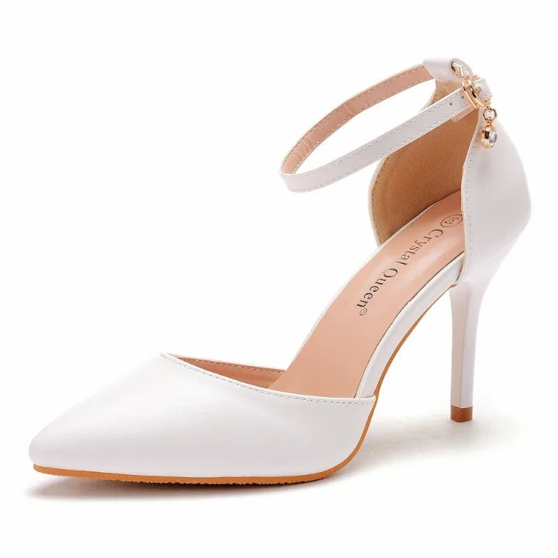 Summer Women Sandals Fashion Sandles Rhinestone Buckle Strap PU 9CM Thin Heels Dress Sandals Elegant Women Shoes White