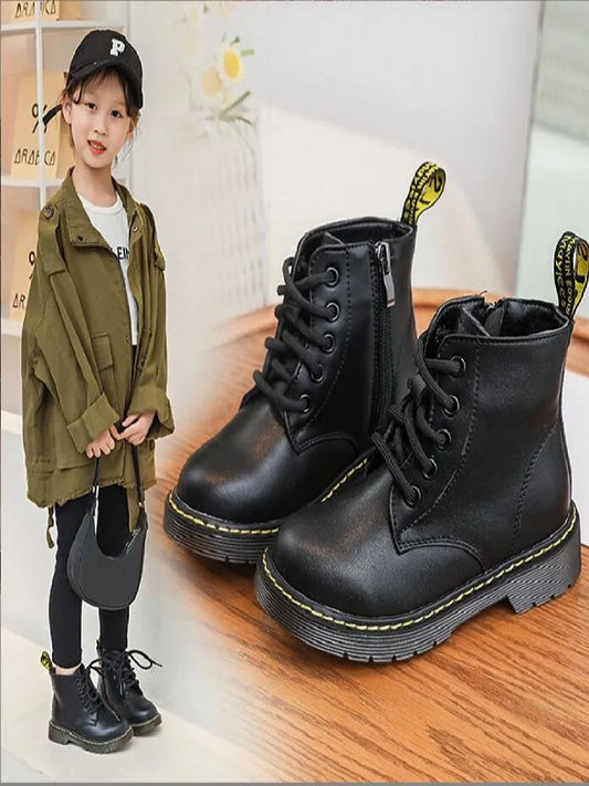 2023 Girls Leather Children Motorcycle Boots New Baby Girls Shoes Side Zipper Military Boots Boys Kids Toddler Snow Boots