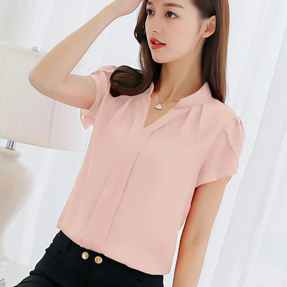 New 2023 Lace Up Bow Tie Shirt Summer Short Sleeve Solid Chiffon Casual Blouse Elegant Office Lady Blusas Woman Tops Blouse