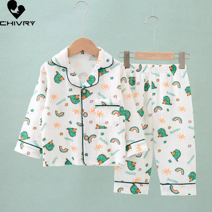 Kids Summer Thin Pajamas Sets New 2023 Boys Girls Cotton Linen Cartoon Long Sleeve Lapel Shirt Tops with Pants Baby Home Wear