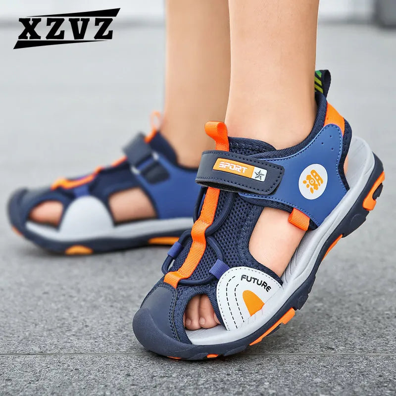 XZVZ Summer Beach Water Children Sandals Fashion Kids Shoes Outdoor Non-slip Soft Bottom Shading Leather Boys Girls Comfortable