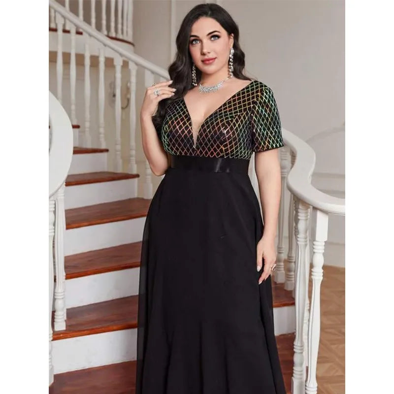Plus Size V Neck Rhombus Sequin Luxury 4XL5XL Chiffon Dress Party Prom Black 3/4 Sleeve Over Maxi Dress for Party Wedding