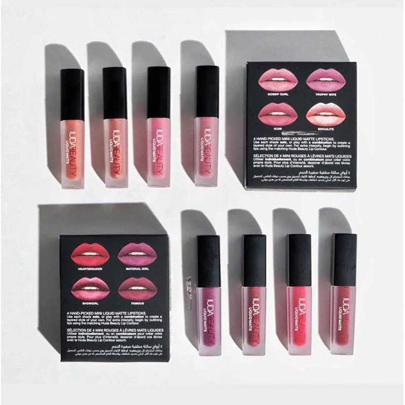 Huda Beauty 3g 4pcs Matte Lip Gloss Kit Waterproof Lip Glaze Tint Non-stick Non-Fading Lipstick Lip Makeup Cosmetic Lip Care