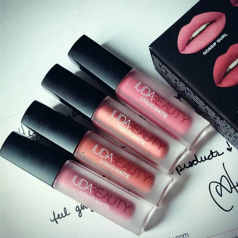 Huda Beauty 3g 4pcs Matte Lip Gloss Kit Waterproof Lip Glaze Tint Non-stick Non-Fading Lipstick Lip Makeup Cosmetic Lip Care