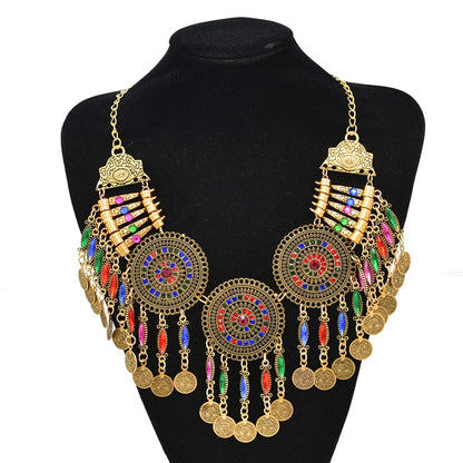 3PC Indian Afghan Jewerly Sets for Women Boho Ethnic Hairbands Necklace Earrings Coins Tassels Vintage Colorful Crystal Drop