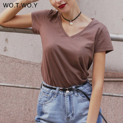 High Quality V-Neck 15 Candy Color Cotton Basic T-shirt Women Plain Simple T Shirt For Women Short Sleeve Female Tops 077