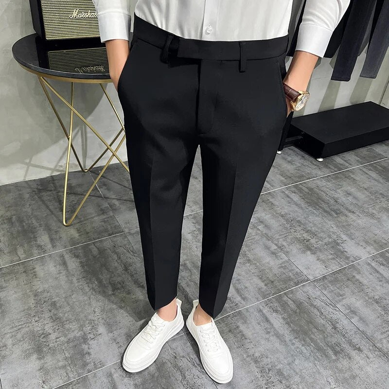 2022 Summer Fashion Mens Dark Green Suit Pants Pure Color Business Occupation Slim Fit Dress Office Ankle Trousers