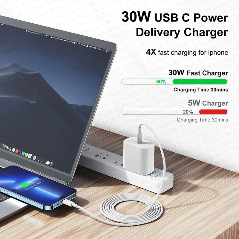 For APPLE Original PD 30W Type C Charger For iPhone 14 13 12 11 Pro Max Mini X XS XR 7 8 Plus iPad Fast Charging Lightning Cable