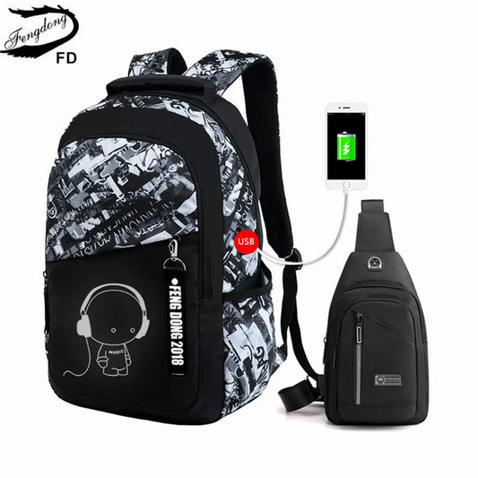 Fengdong boys school bags waterproof large backpack for teenagers bagpack high school backpack for boy student chest bag set