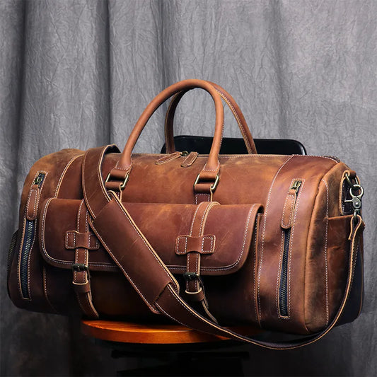 MUNUKI Vintage Crazy Horse Genuine Leather Travel bag  Large Luggage bag men Leather duffle bag Large Weekend Bag Tote Big