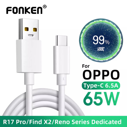 Fonken Super Fast Charge Cable 65W 6.5A Type C Data Cord Mobile Phone Wire USB C Charger Cables for Oppo Find X3 Pro Neo Reno 6