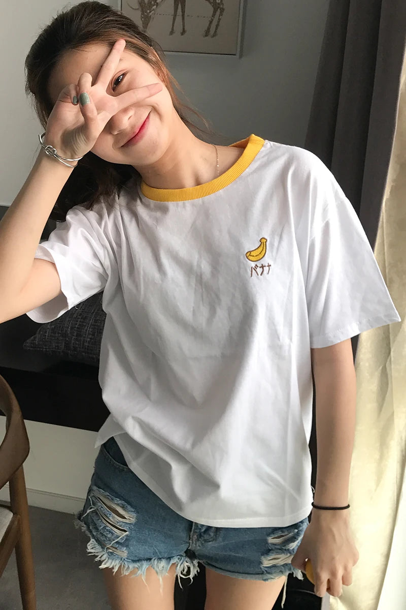 2023 Cotton Fresh Sweet Simple Regular Summer Fruit Embroidered College Wind Patchwork Loose Cotton Short Sleeve Female T-shirts
